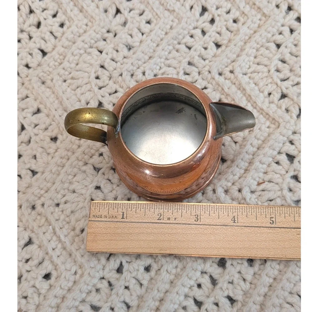 Vintage Copper Cream and Sugar Set Brass Handles‎ Etched Detail 2.5 inch